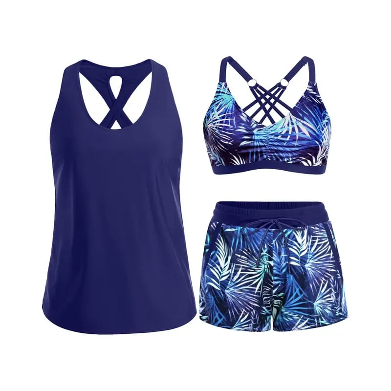 AquaGrace – Comfortable Modest Beach Swim Set – Blue Leaves / S