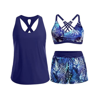 AquaGrace – Comfortable Modest Beach Swim Set – Blue Leaves / S