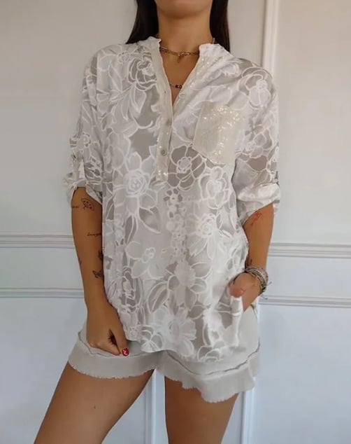 PrintLuxe – V-Neck Button-Down Printed Blouse – Dark Gray / S