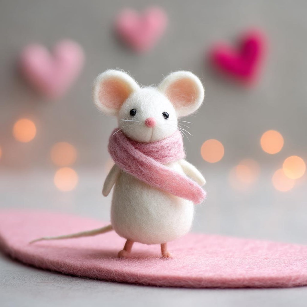 Needle Felted Mouse | Valentine's Day Gift – With Pink Scarf