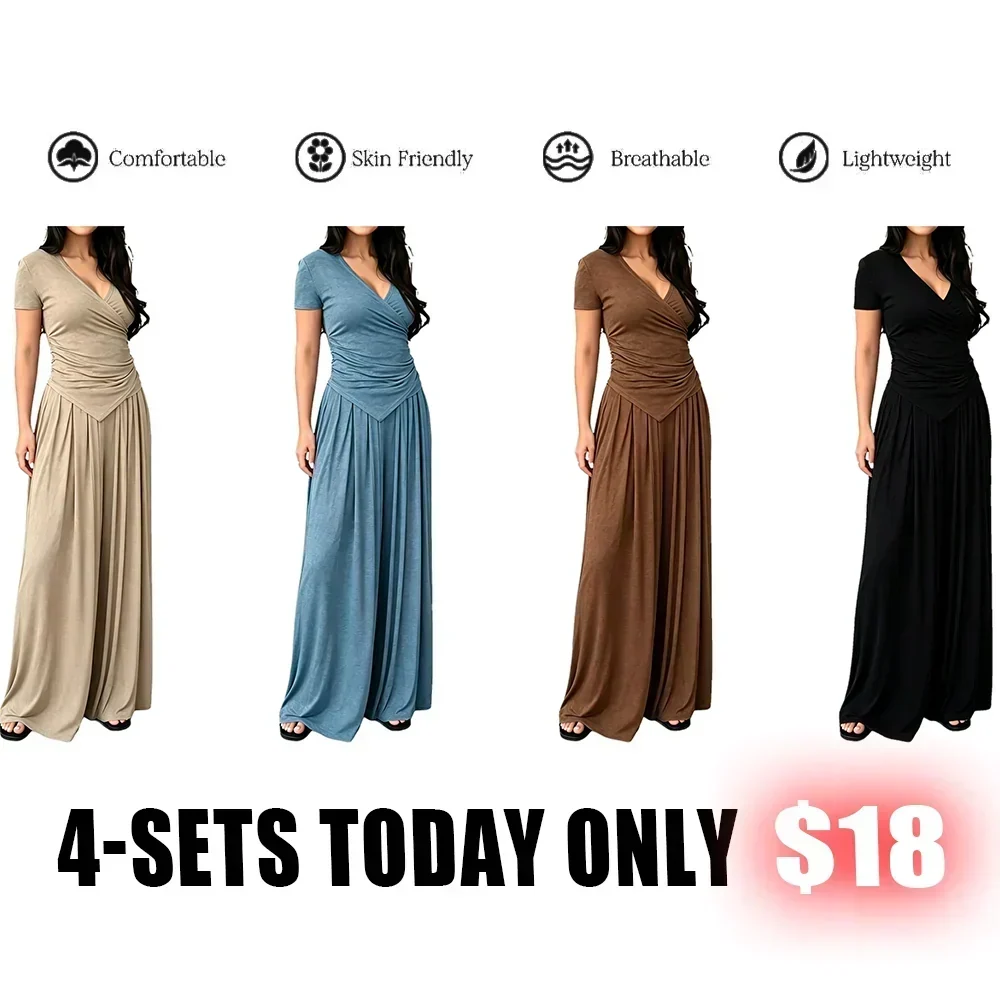 MaisonLuxe – Sophisticated Wrap Top & Wide Leg Pants Set – 4-SETS A / XS / XS