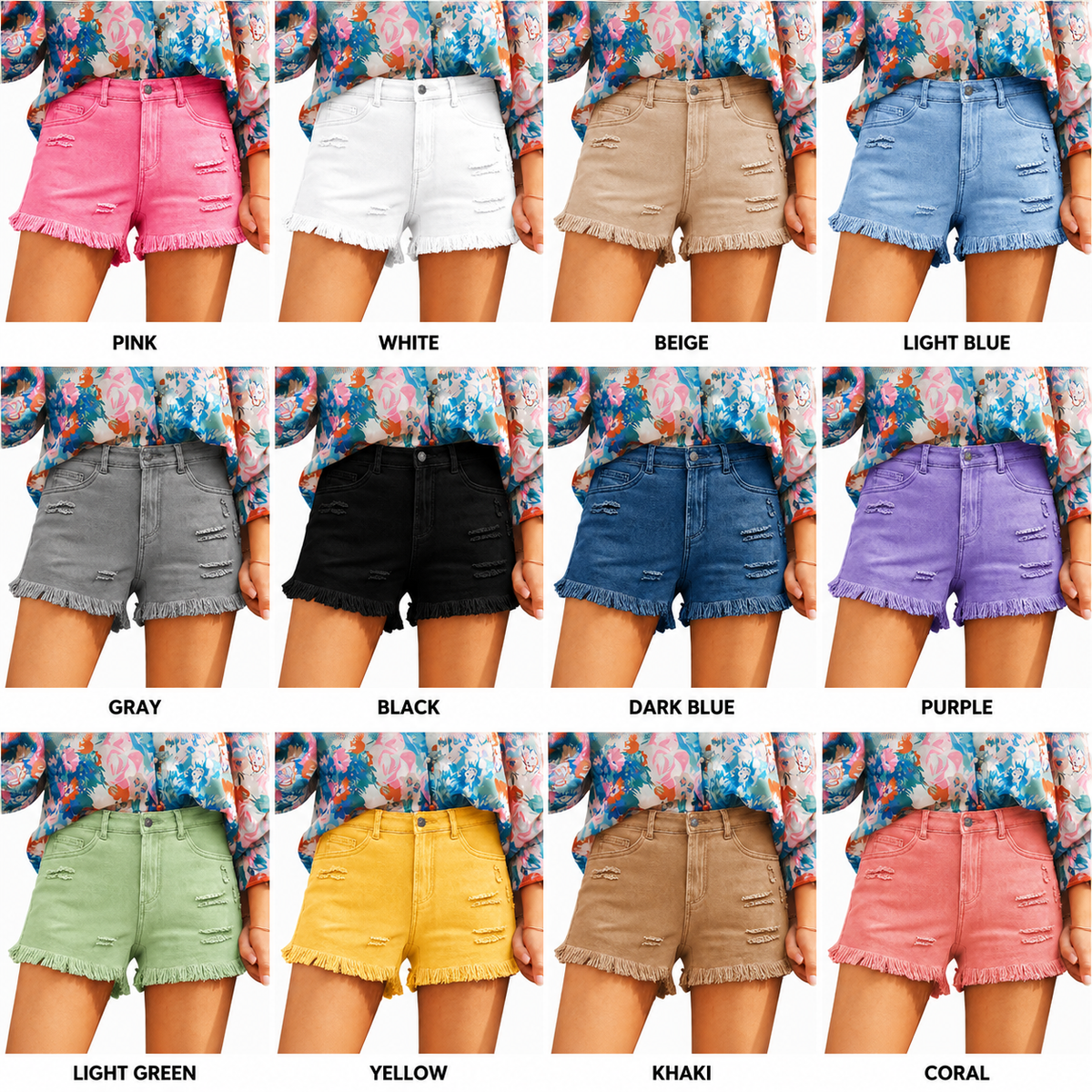 UrbanEase – Women’s Casual Denim Shorts – 12 PACK(Pink + White + Beige + Light Blue + Gray + Black + Dark Blue + Purple + Light Green + Yellow + Khaki + Coral) / XS