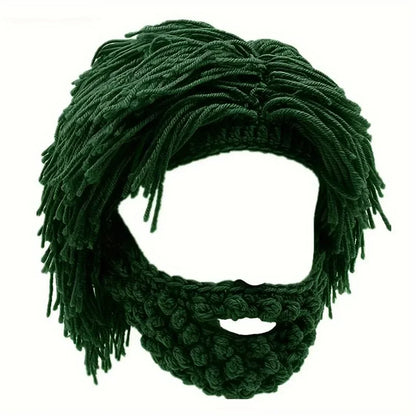 Acrylic Punk Style Beanie with Attached Straight Hair Wig and Knitted Beard – Green