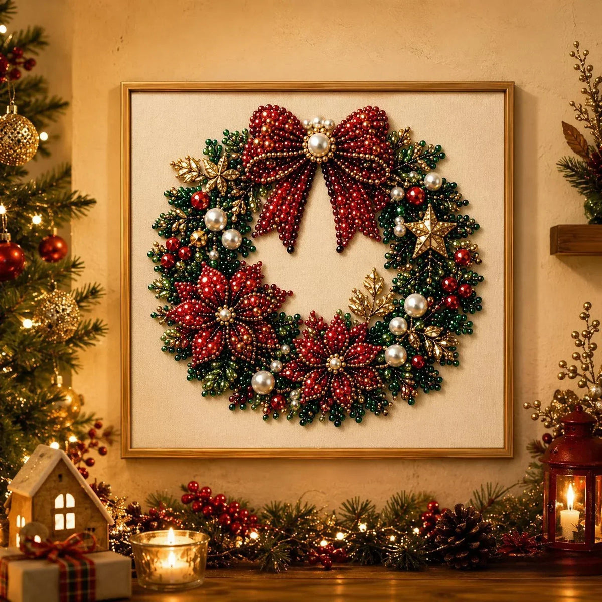 PearlCraft – Premium 3D Christmas Diamond Painting Kit – Holiday Wreath / 12 in × 12 in