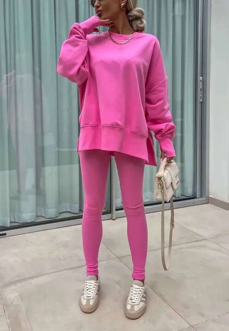 SoftEase – Comfy Slit Sweatshirt Two-Piece Set – Rose / S