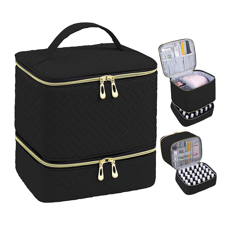 PolishPro – Deluxe Double‑Layer Nail Organizer Case – Bamboo Pattern - Black