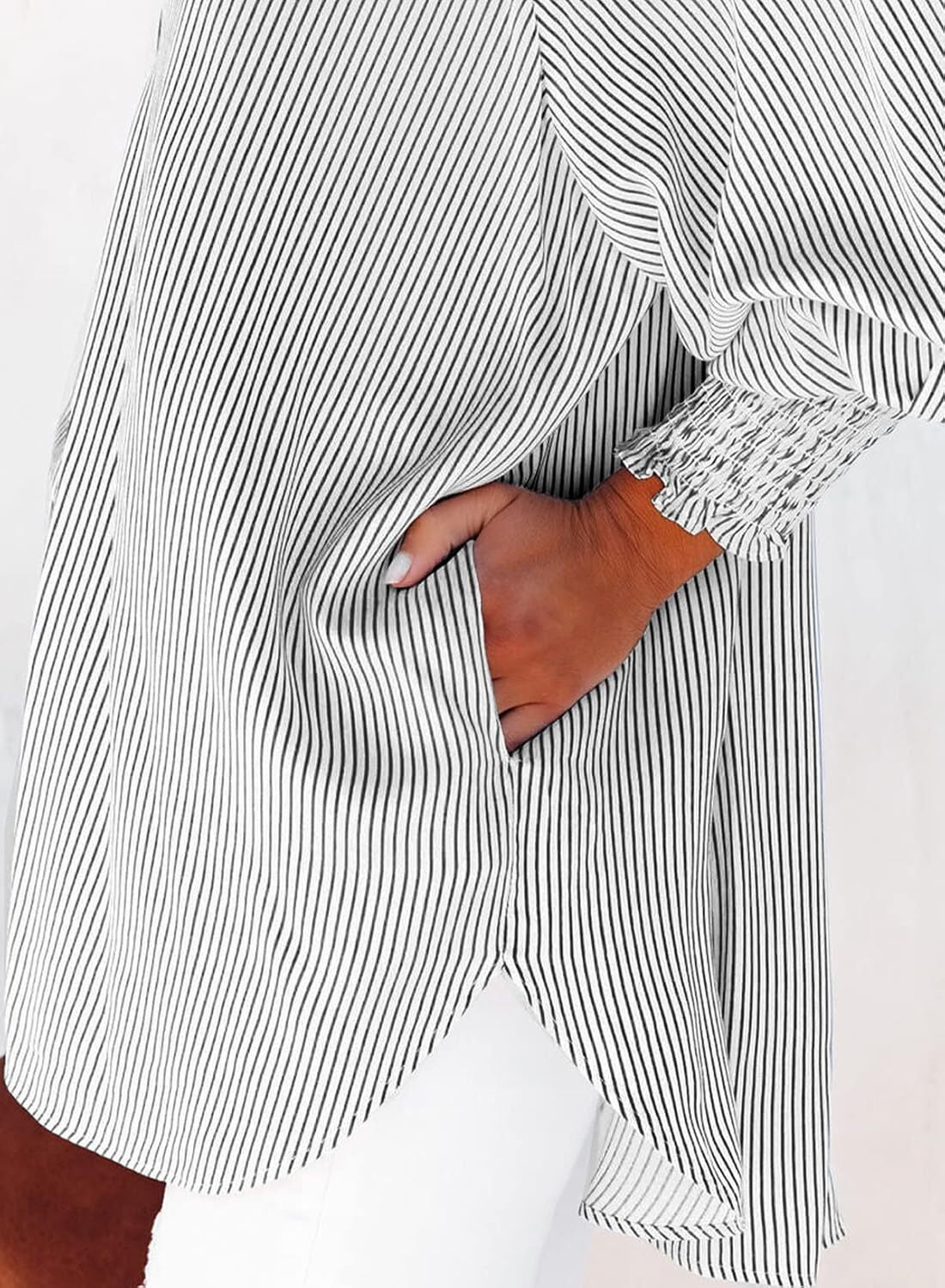 2026 ItemWomen's pleated cuffs striped shirt with pockets and casual collar – image 26