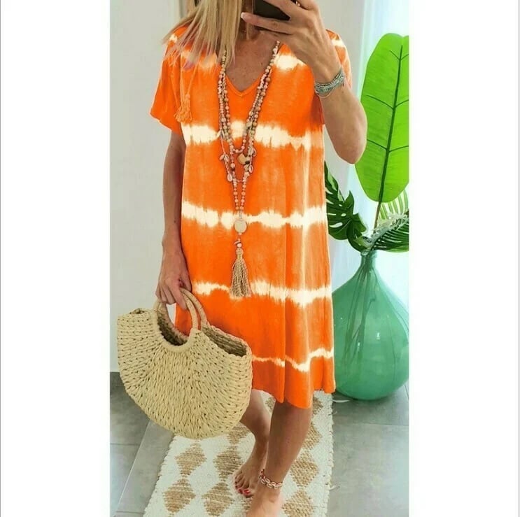 ChillAura | Tie-Dye Striped Loose Summer Dress – Orange / S