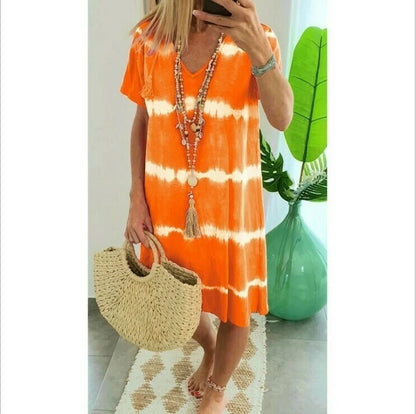 ChillAura | Tie-Dye Striped Loose Summer Dress – Orange / S
