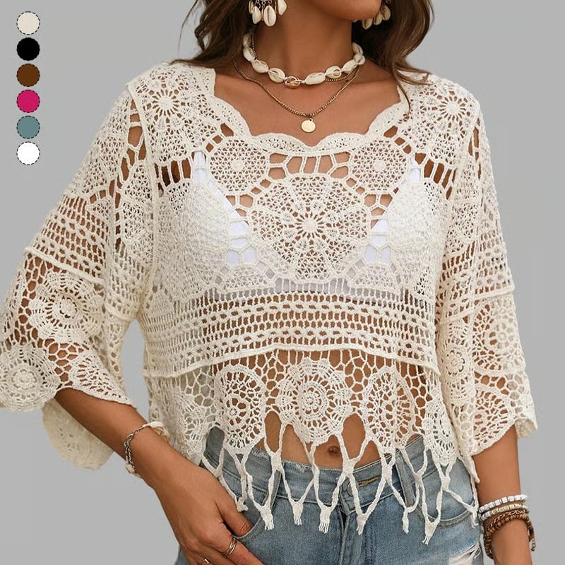 LaceAura – Crochet Hollow Out Tassel Cover Up for Beach Wear – White / S / Buy 1