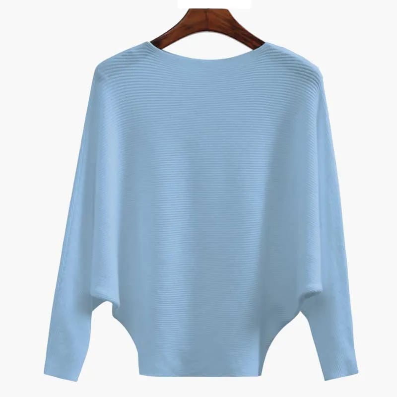 CozyWave – Women’s Boat Neck Bat Sleeve Knitted Sweater – sky blue / One Size