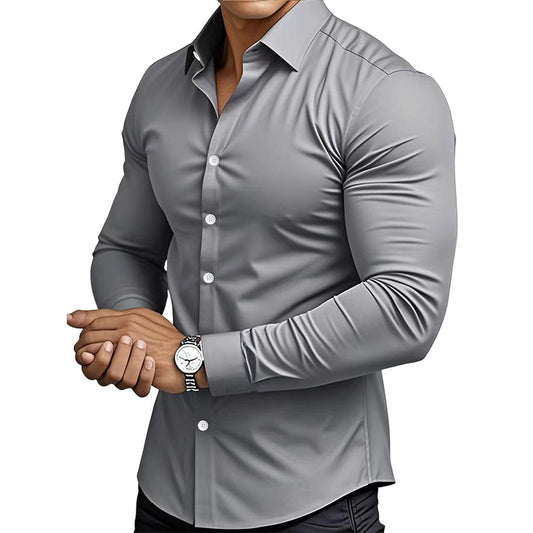 EternaStyle – Elegant Lapel Long Sleeve Shirt – Gray / S