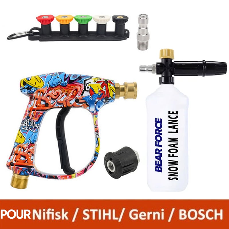 PowerWash Pro – 5 Tip Spray System – 1*Painted water gun + 5*color spray nozzle + 1*nozzle base set + 1*water outlet connector + 1*quick-connect adapter+1*Car Wash Foam Sprayer