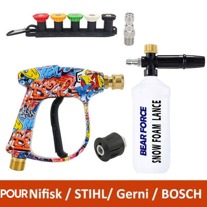 PowerWash Pro – 5 Tip Spray System – 1*Painted water gun + 5*color spray nozzle + 1*nozzle base set + 1*water outlet connector + 1*quick-connect adapter+1*Car Wash Foam Sprayer