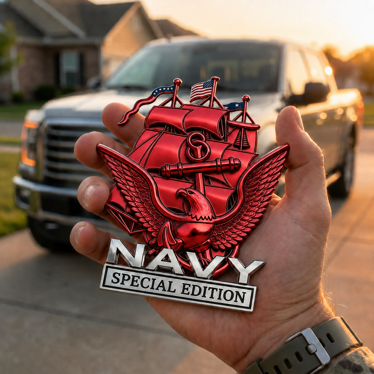 NavyHonor – Navy Veteran Metal Auto Emblem – Patriot Red