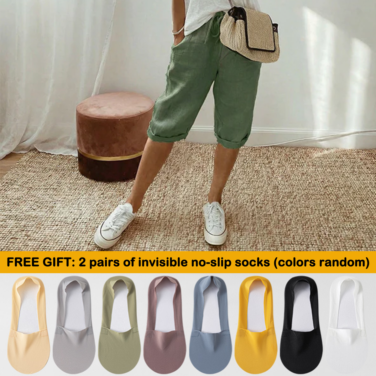 Florel – Breathable Drawstring Capris – Army Green / M / 2 Pairs of summer invisible no-slip socks (colors random)