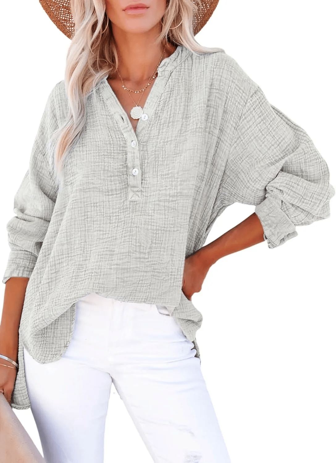 CloudFit – Women’s Casual Oversized Gauze Blouse – Light grey / S