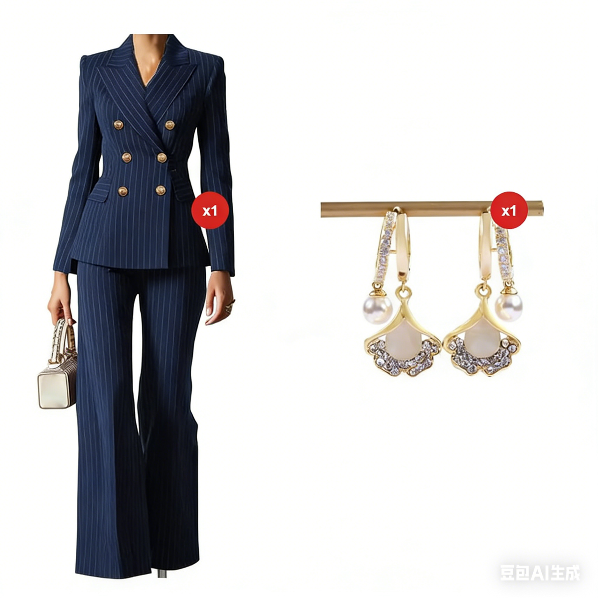 BossEra – Women’s Tailored Pinstripe Suit – Navy / S / Suit + earrings