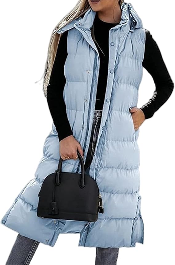 QuiltChic – Women's Long Puffer Vest with Hood – Blue / S