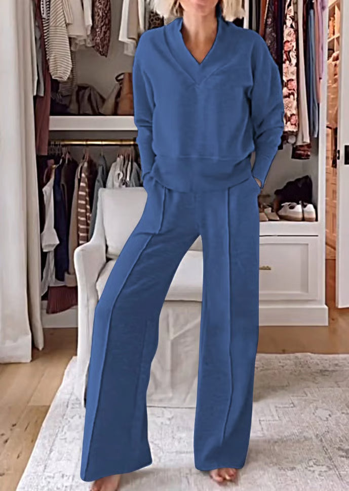 ModaVibe – Fashionable Solid Color Two-Piece Set – Blue / S