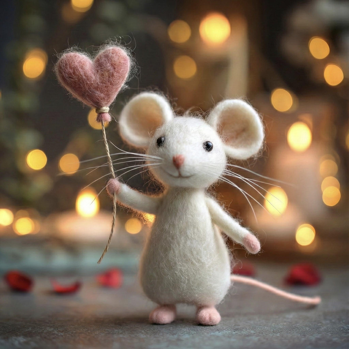 Needle Felted Mouse | Valentine's Day Gift – Pink Heart Balloon