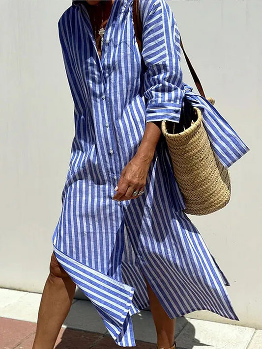 StripeMuse – Classic Striped Summer Shirt Dress – Blue / S