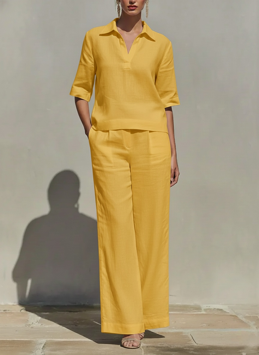 LinenLuxe – Women’s Solid Cotton Linen Two-Piece Set – Yellow / XS