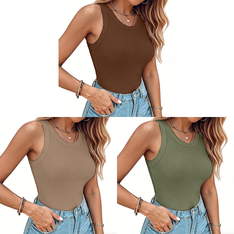 LunaFit – Seamless Comfort Ribbed Tank Top – Green+Khaki+Brown / S