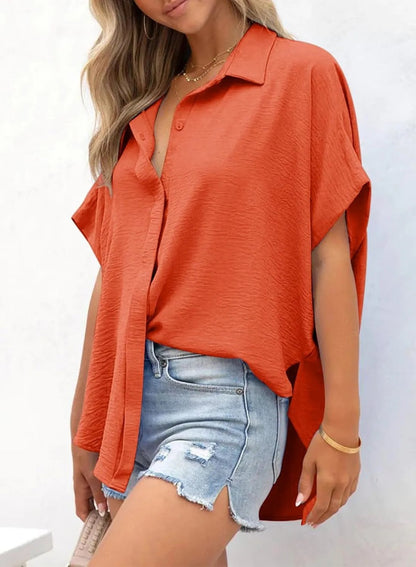 LunaWear – Casual Button Slit Hem Women’s Top – Orange / S