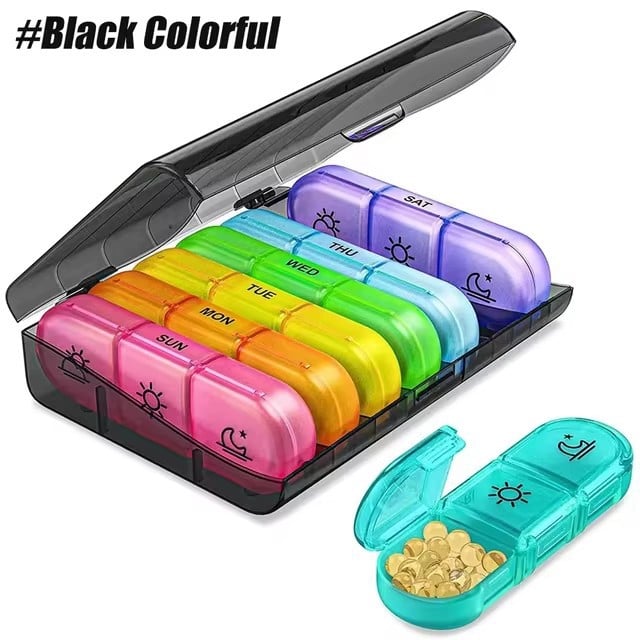 SafeSnap – 7-Day Portable Pill Organizer – Black box (colorful inner box)