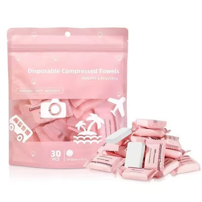 AirTowel – Disposable Compressed Travel Towel Set – Pink (30 pieces/pack) 1 Pack