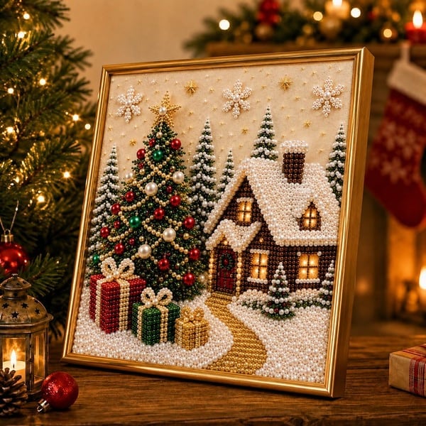 PearlCraft – Premium 3D Christmas Diamond Painting Kit – Cozy Christmas Cottage / 12 in × 12 in