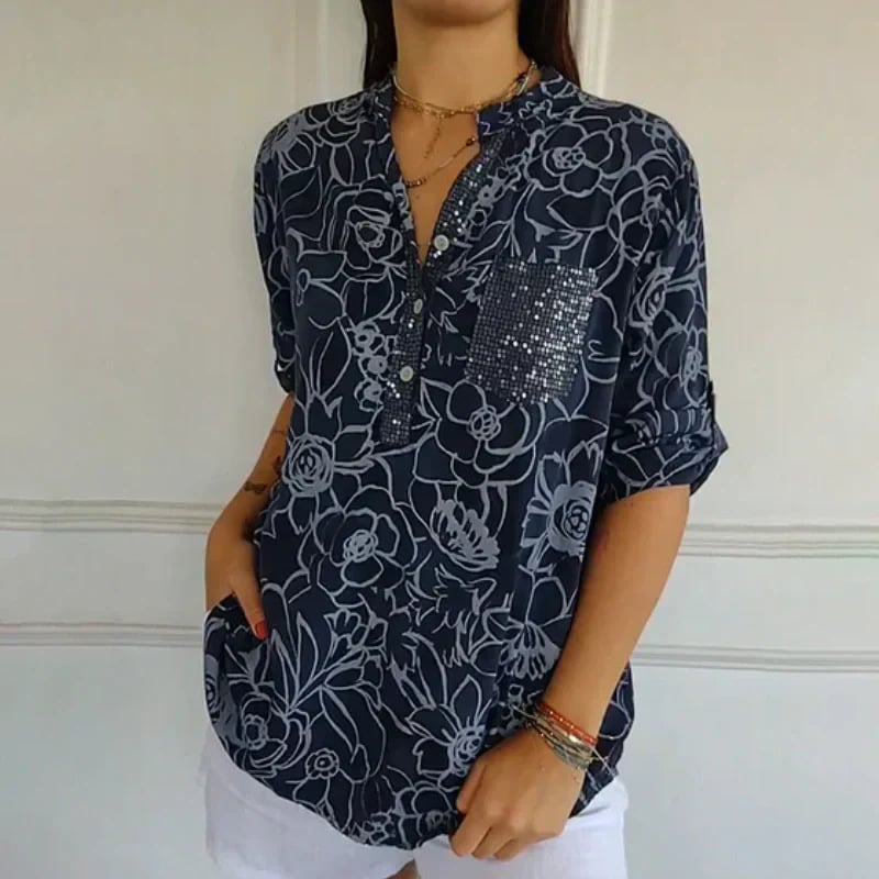 PrintLuxe – V-Neck Button-Down Printed Blouse – Navy Blue / S