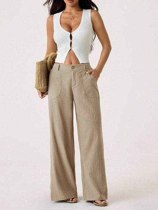 Linenora – Summer Cotton-Linen Palazzo Pants – Khaki / S