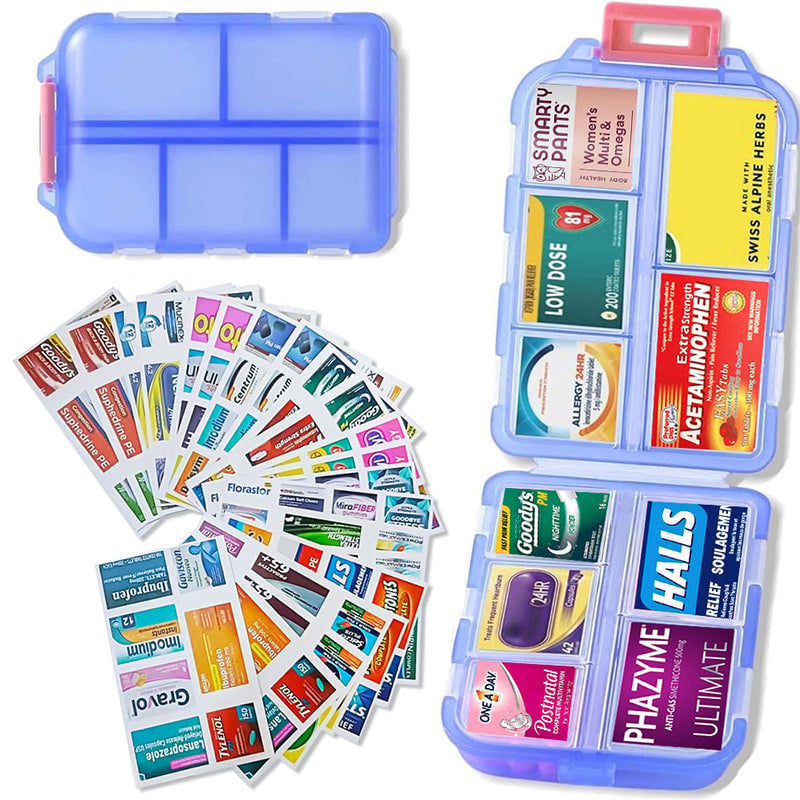 DoseKeeper – Organized Pill Management Box – Travel Pill Organizer Box+161 Labels Blue