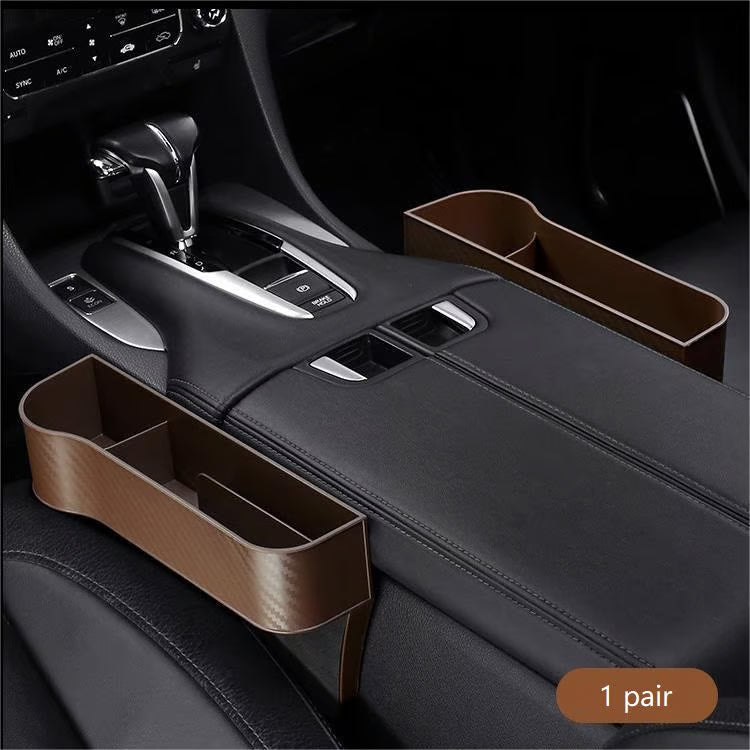 DriveMate – Multi Pocket Leather Car Seat Storage Organizer – Brown / 1 Pair / Carbon Fiber