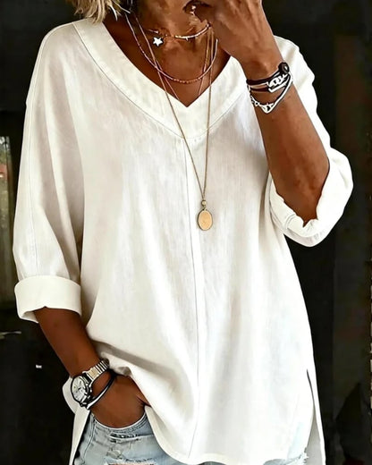 LunaCot Vee – Relaxed Cotton Top – White / US4(S)