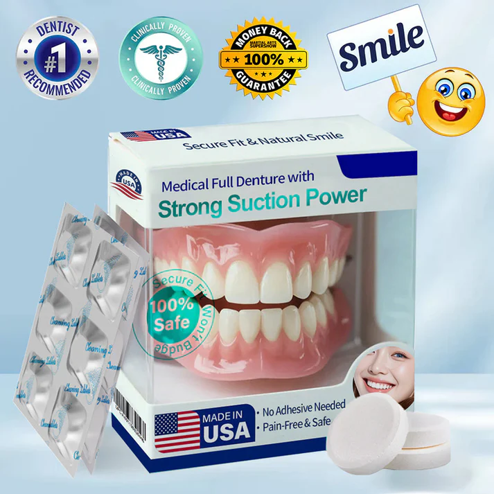 AuraSmile – Medical Grade Strong Suction Full Denture – 1 Set+ 6 Denture Cleaning Tablets / Light Ivory White
