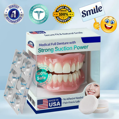 AuraSmile – Medical Grade Strong Suction Full Denture – 1 Set+ 6 Denture Cleaning Tablets / Light Ivory White