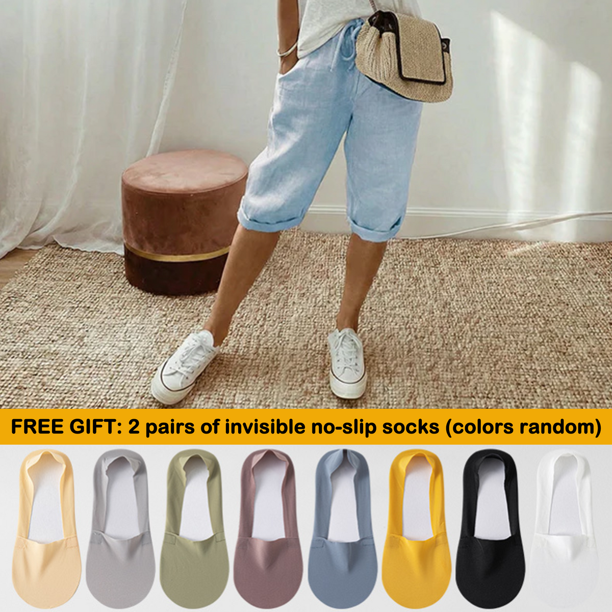 Florel – Breathable Drawstring Capris – Sky Blue / M / 2 Pairs of summer invisible no-slip socks (colors random)