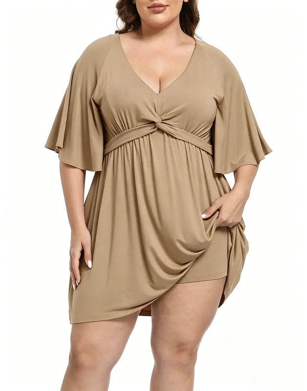CurvaBelle – Plus Size Romper Dress – Tan / XS