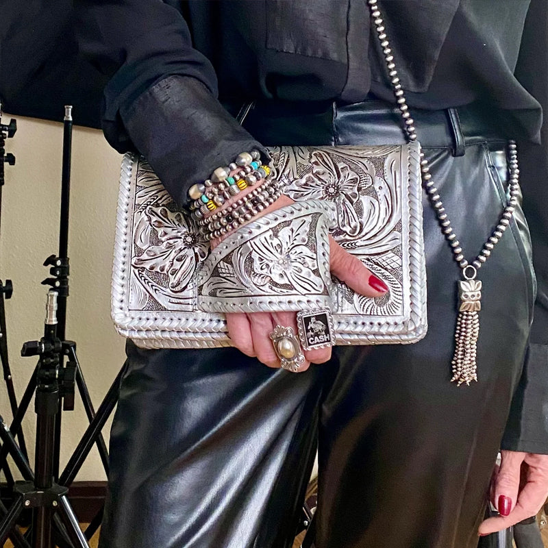 LuxeBlossom – Silver Flower Dance Western Style Clutch – image 5