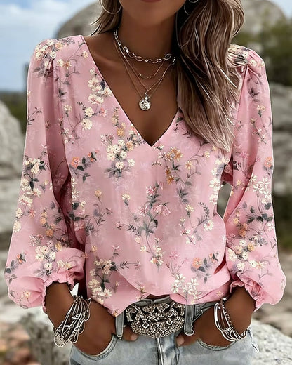 LunaPuff Chic – V-Neck Casual Blouse – Pink / US4(S)