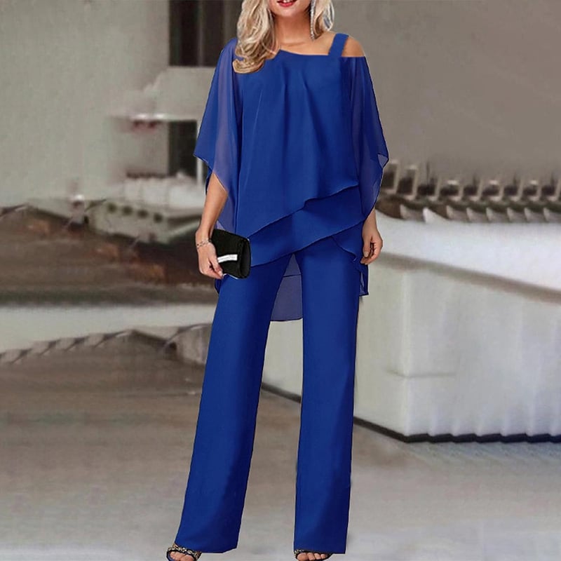 PureLuxe – Women’s Layered Chiffon Outfit Set – Royal Blue / S