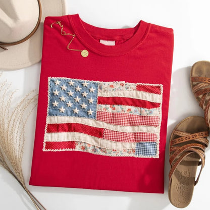 RedWhiteRebel – Retro American Flag Patchwork Tee – Red / S