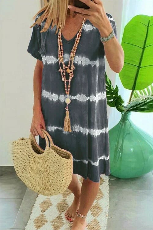 ChillAura | Tie-Dye Striped Loose Summer Dress – Grey / S