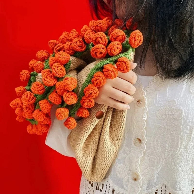 CozyBloom – Hand-Knitted Rose Blanket DIY Kit – Orange Rose / 70cm (DIY kit : Yarn & tools only. Knitting needed. )