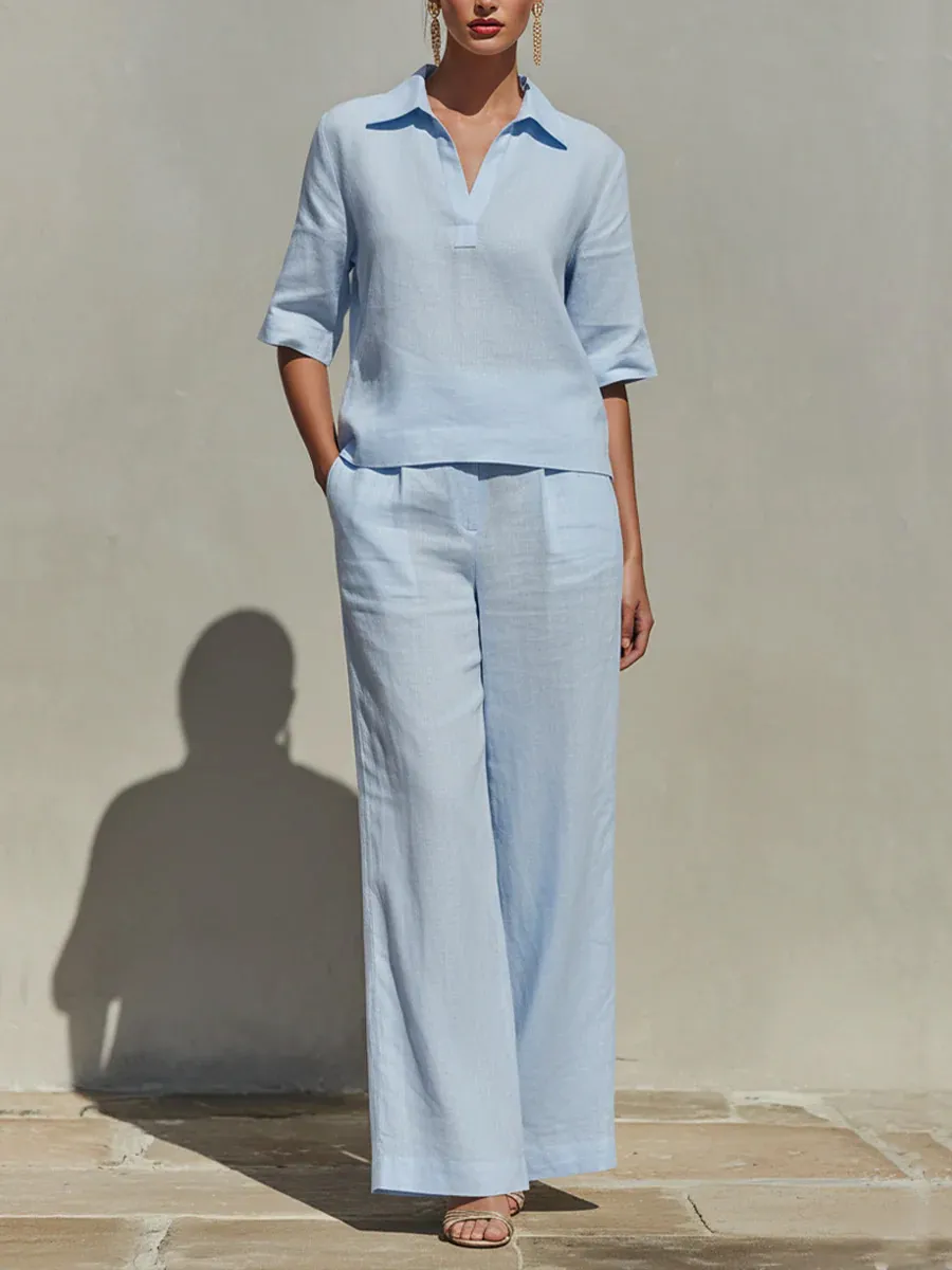 LinenLuxe – Women’s Solid Cotton Linen Two-Piece Set – Blue / XS