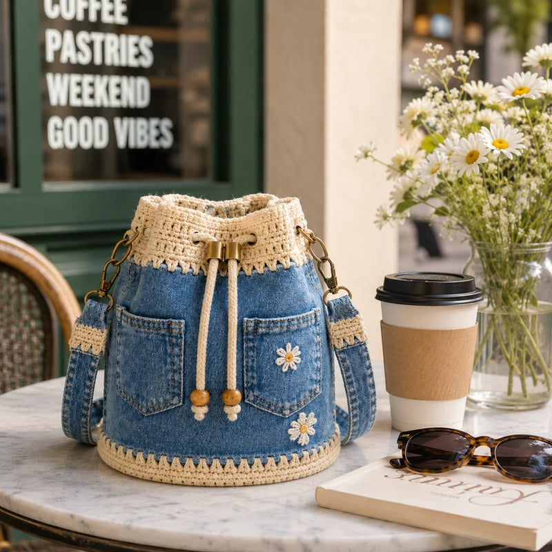 DaisyDenim – Crochet Bucket Bag – Hazy Blue
