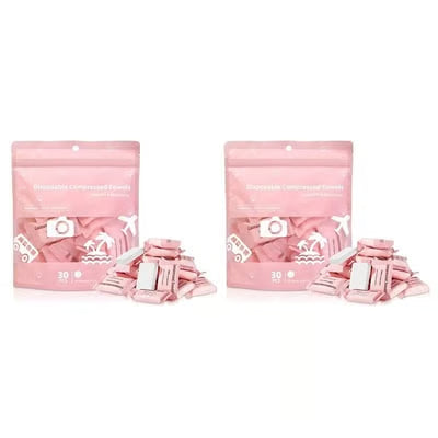 AirTowel – Disposable Compressed Travel Towel Set – Pink (30 pieces/pack) 2 Packs